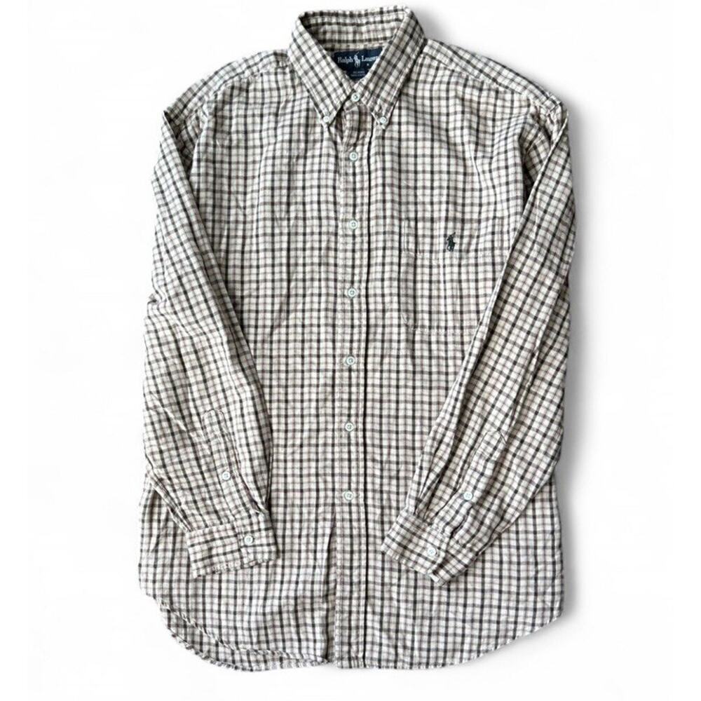 Men’s Ralph Lauren Blaire Green Tan Red Plaid Long Sleeve Cotton Polo Size L - Picture 4 of 5